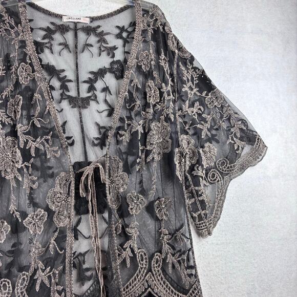 Origami Vivien Kimono Womens OS Embroidered Lace Sheer Boho Gypsy Leather Fringe - Picture 5 of 16
